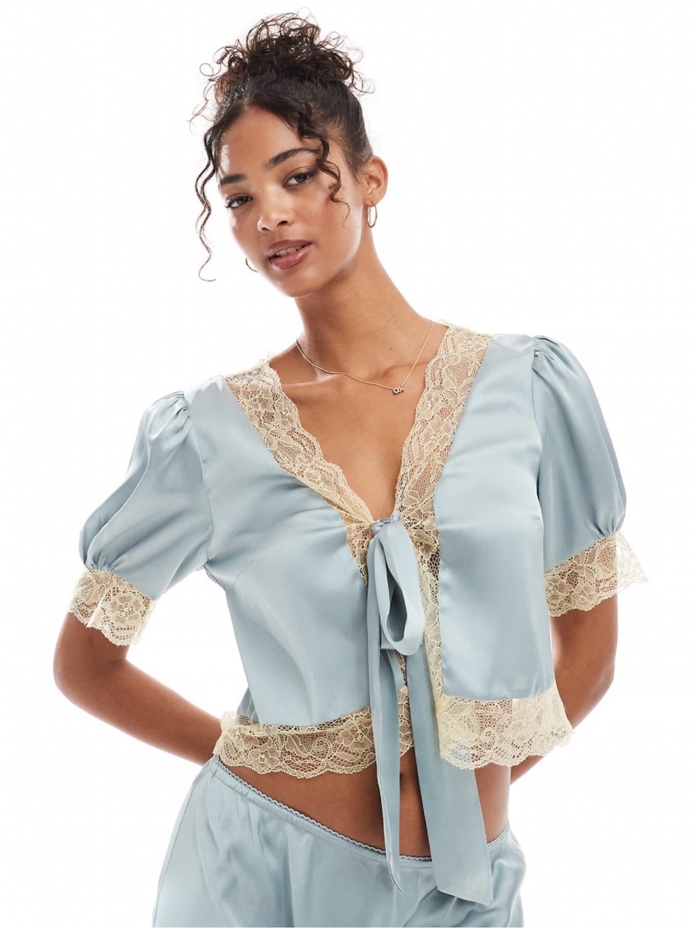 ASOS Satin & Lace Tie Front Cropped Top Blue Size 6 Y2K Coquette